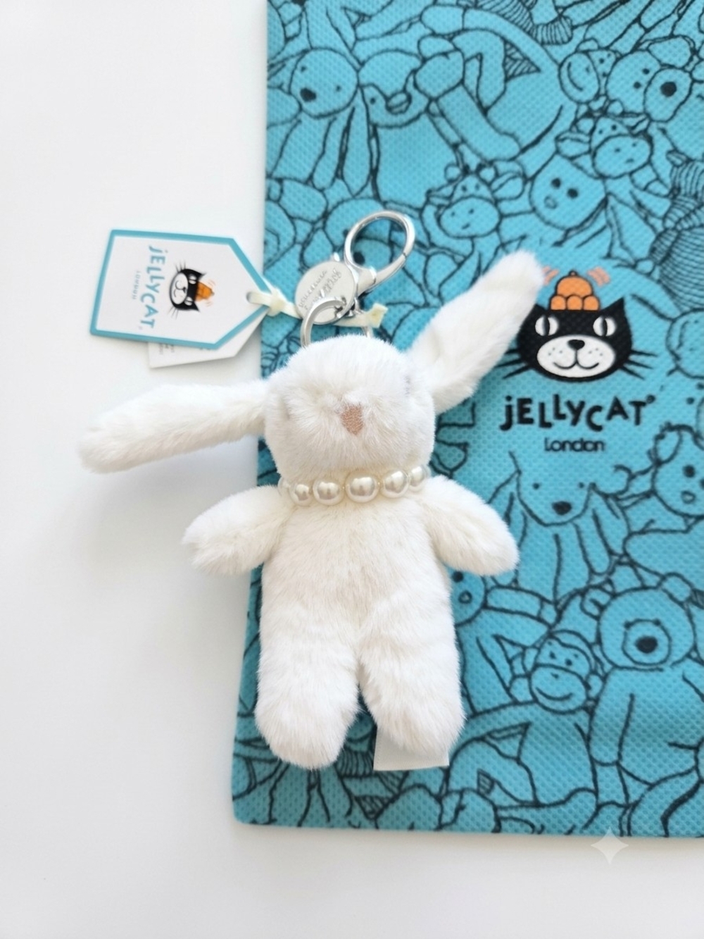 Jellycat Cream Bunny Bag Charm With Pearl Necklace
